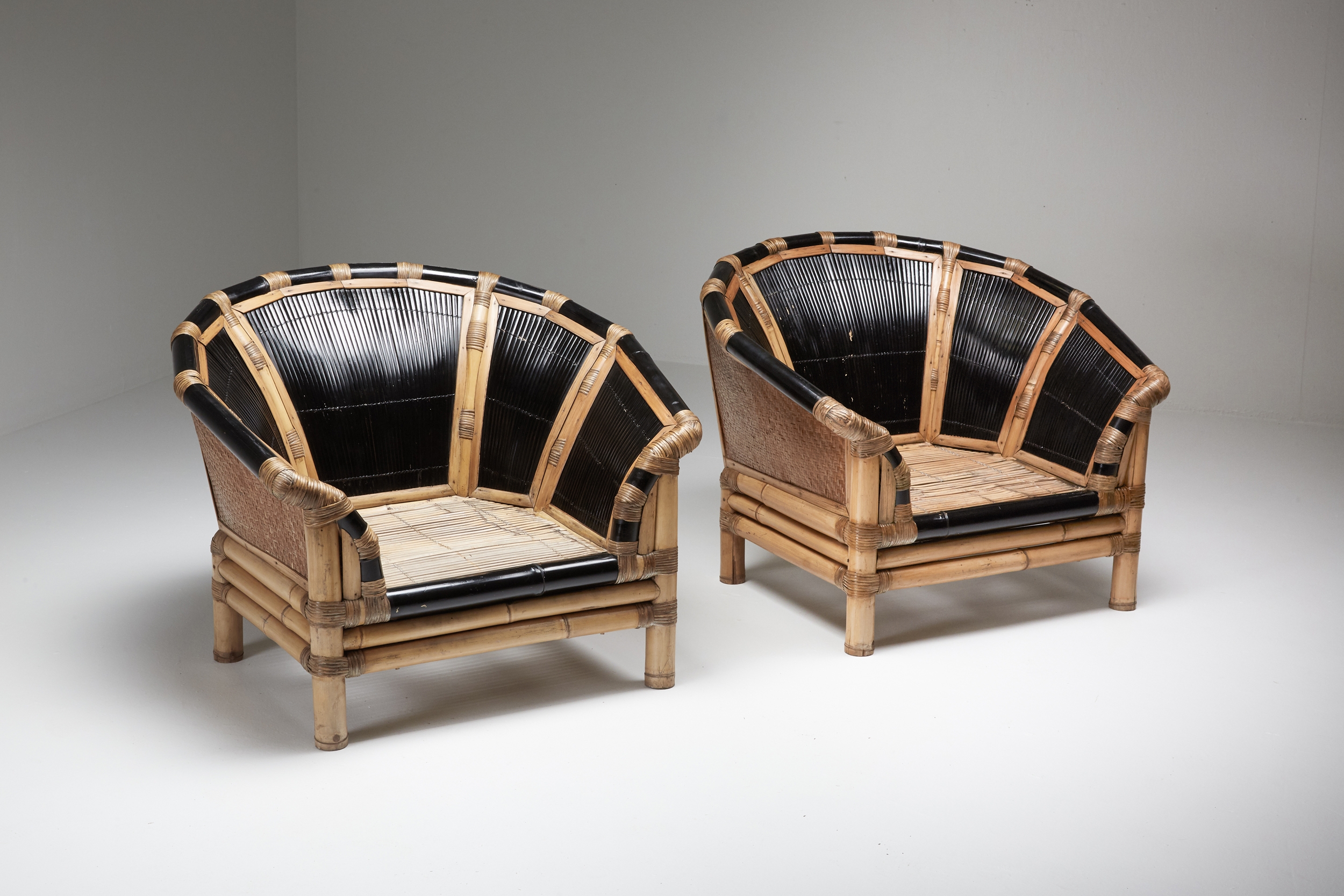 Black and Natural Bamboo and Cane Lounge Chairs, Italy - 1970's