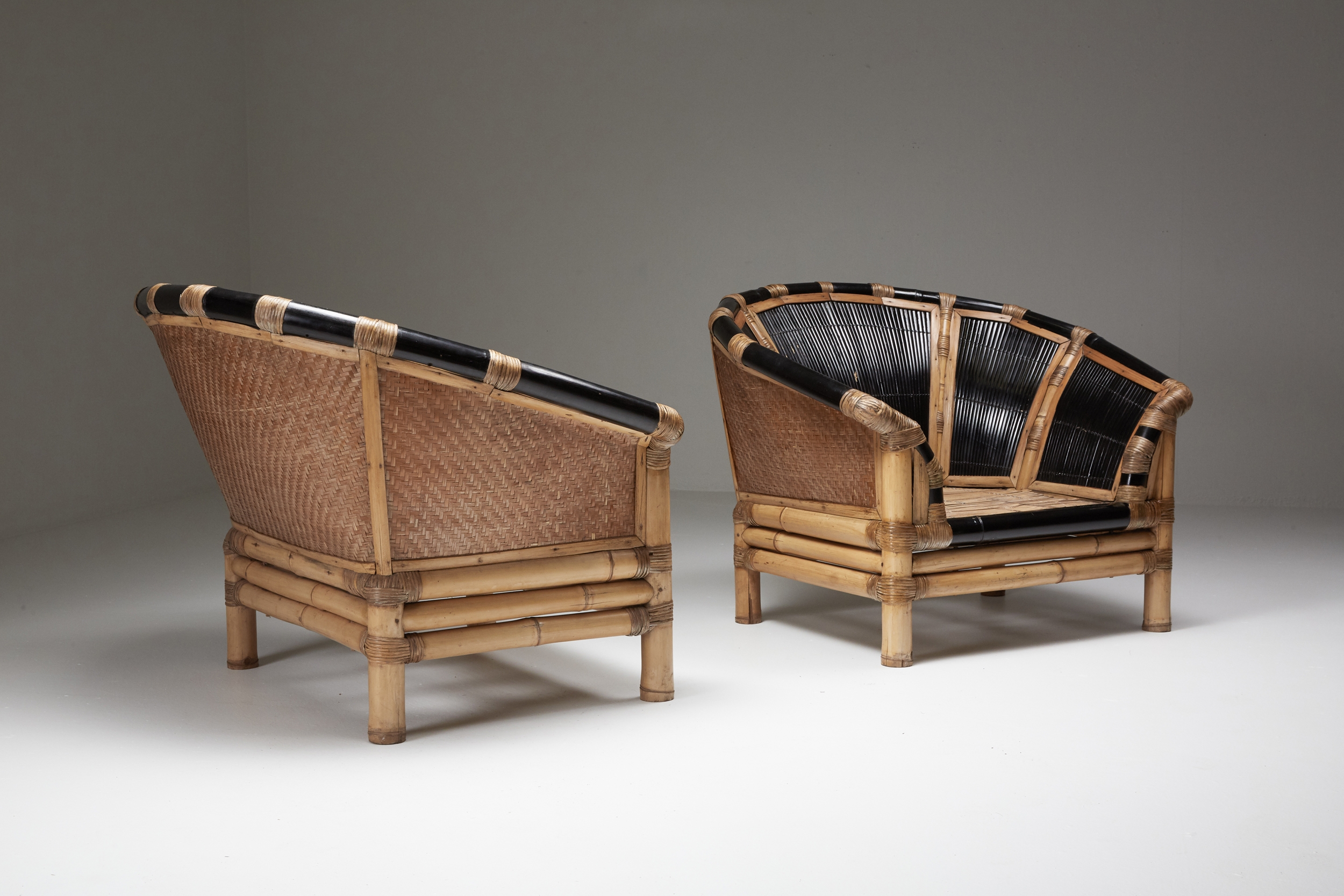 Black and Natural Bamboo and Cane Lounge Chairs, Italy - 1970's