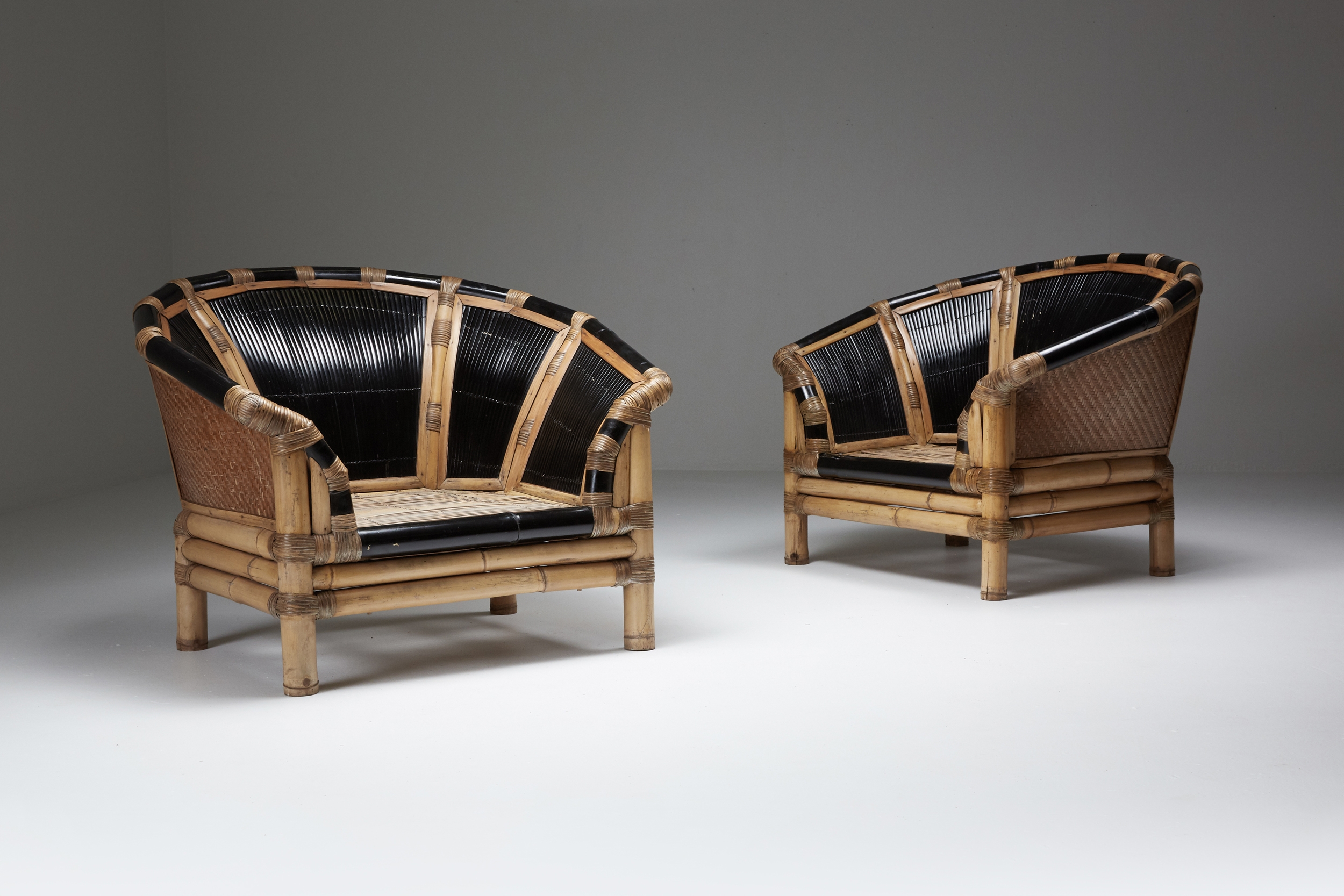 Black and Natural Bamboo and Cane Lounge Chairs, Italy - 1970's