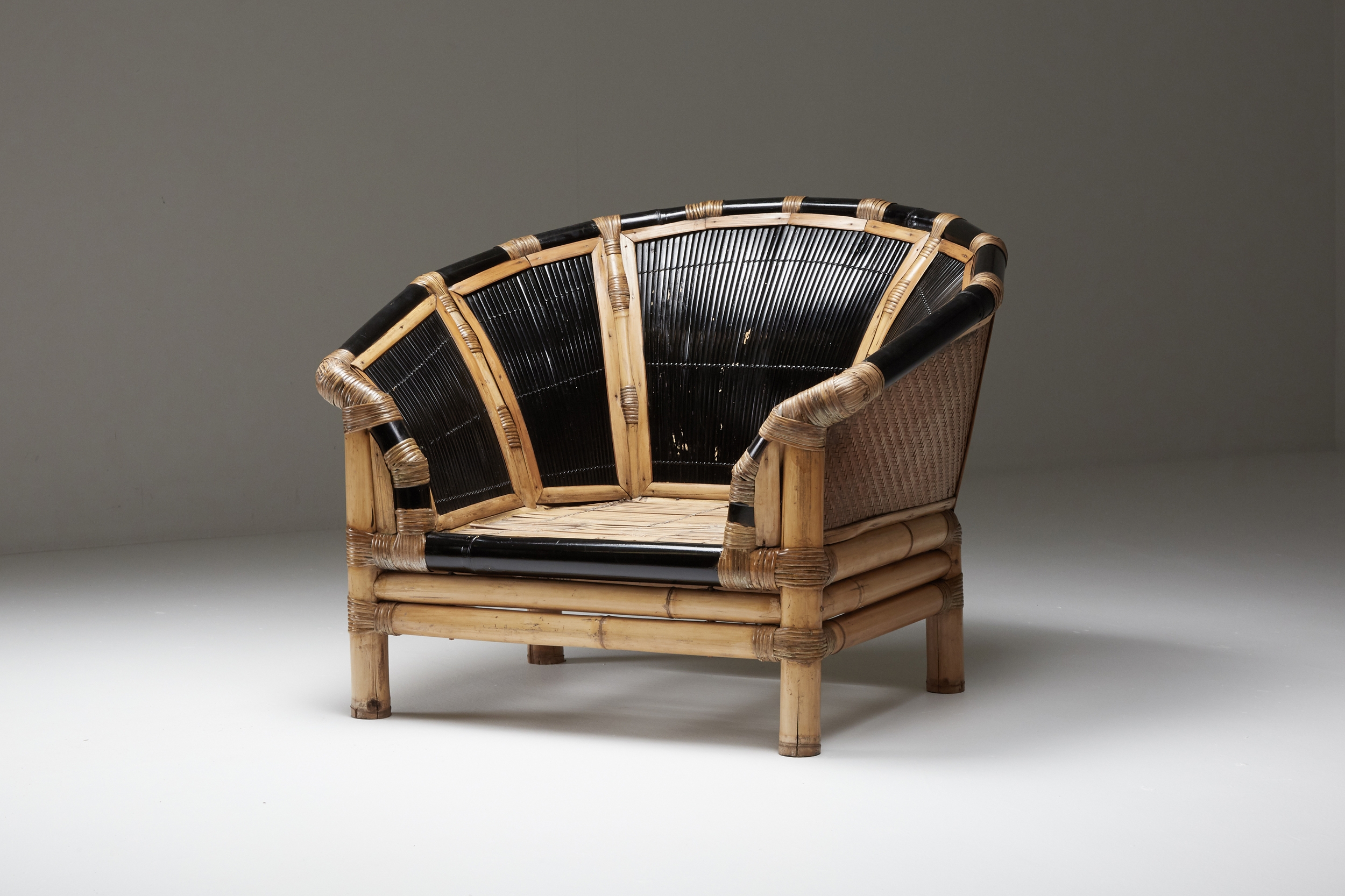 Black and Natural Bamboo and Cane Lounge Chairs, Italy - 1970's