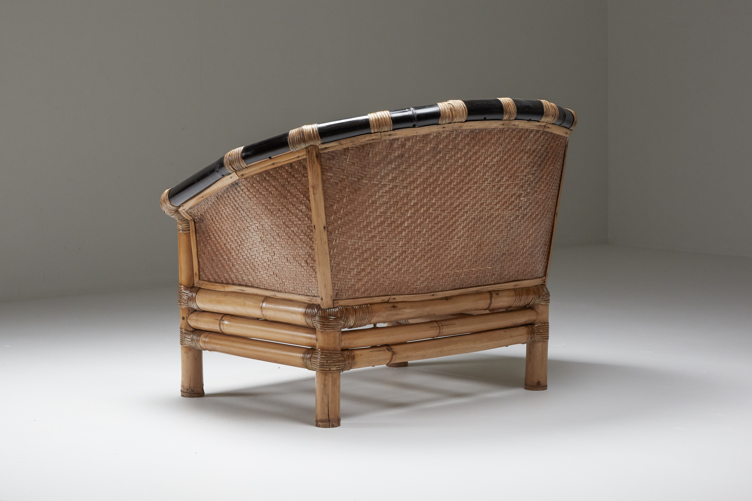 Black and Natural Bamboo and Cane Lounge Chairs, Italy - 1970's