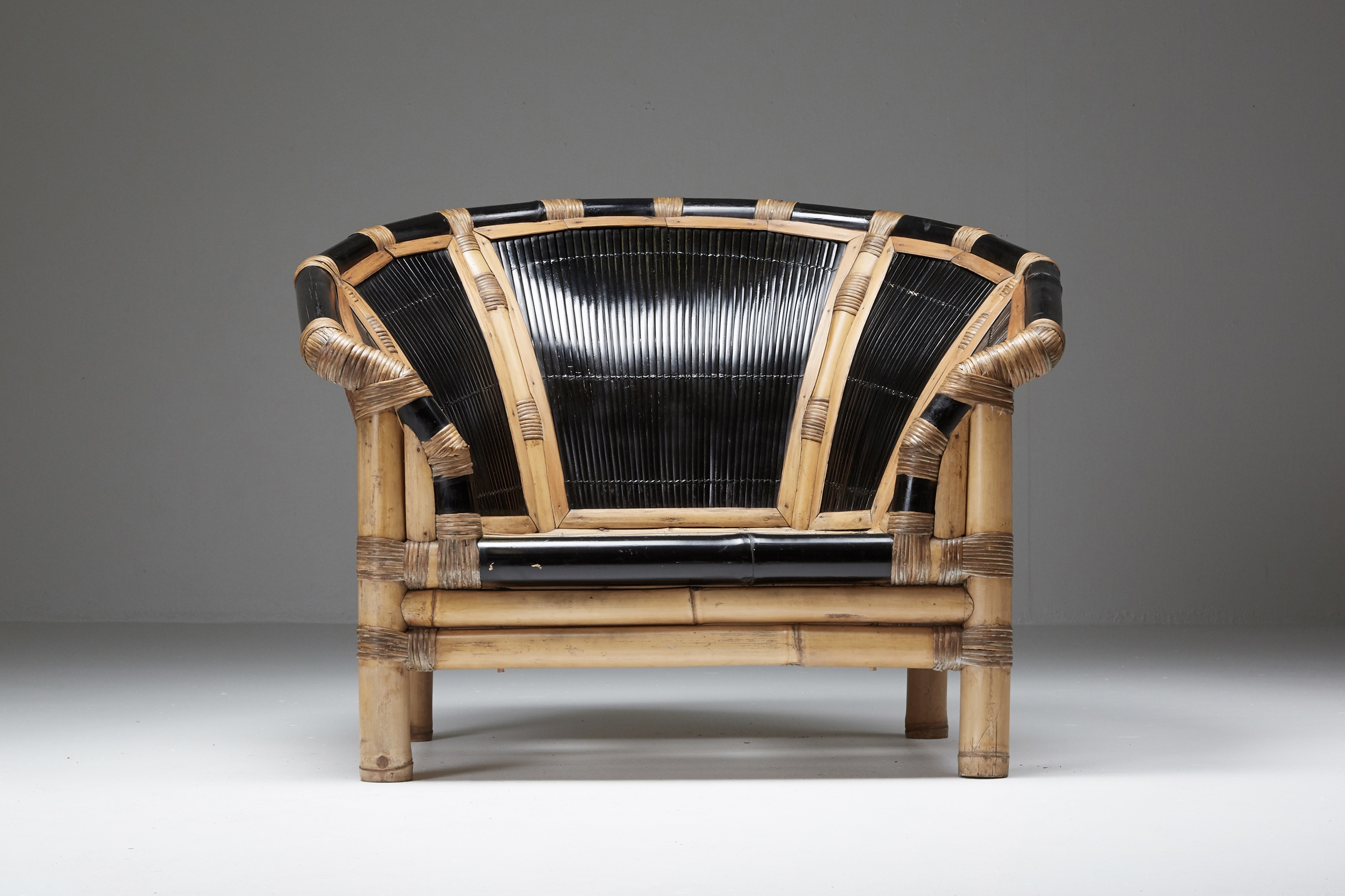 Black and Natural Bamboo and Cane Lounge Chairs, Italy - 1970's