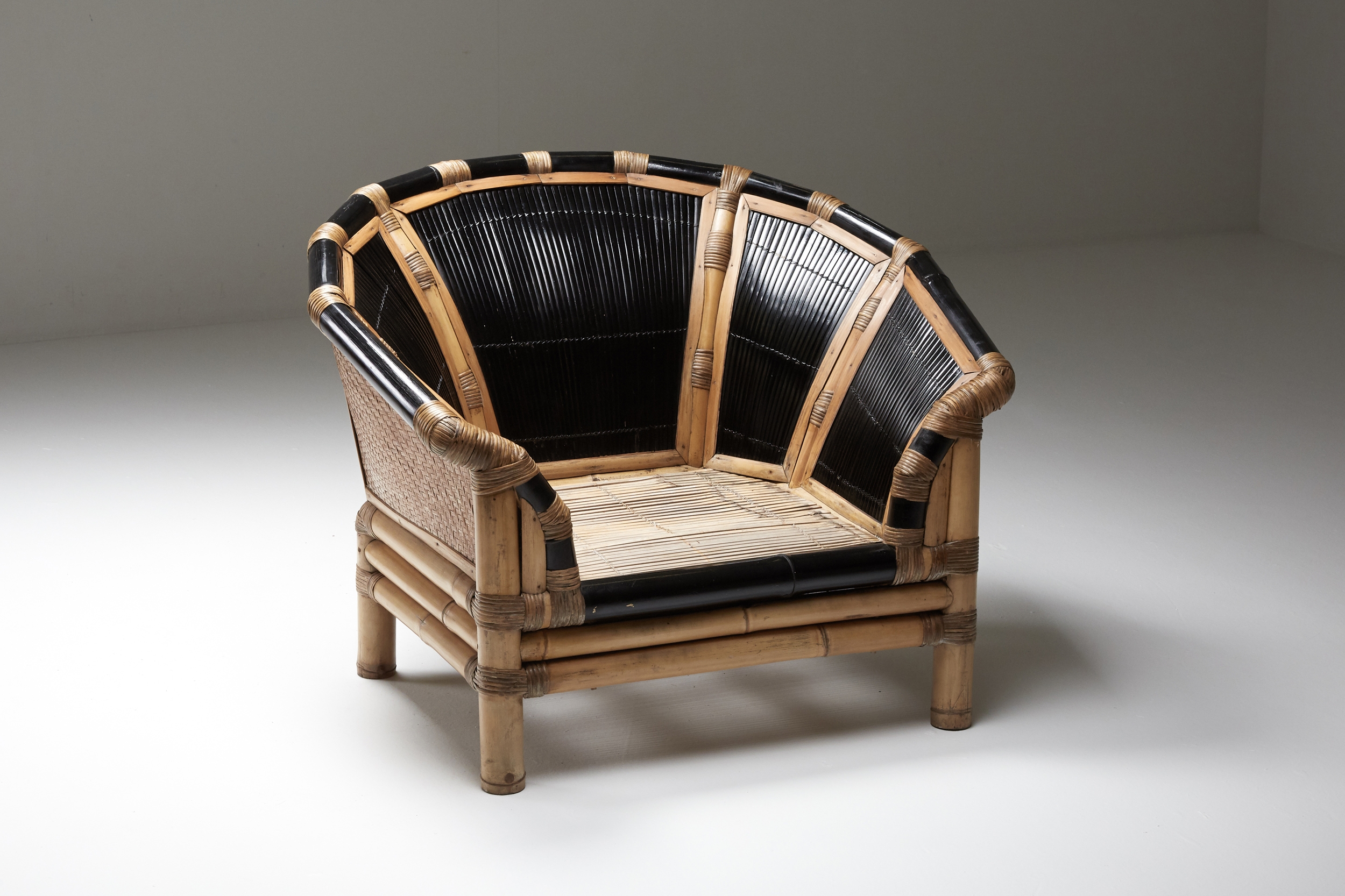 Black and Natural Bamboo and Cane Lounge Chairs, Italy - 1970's
