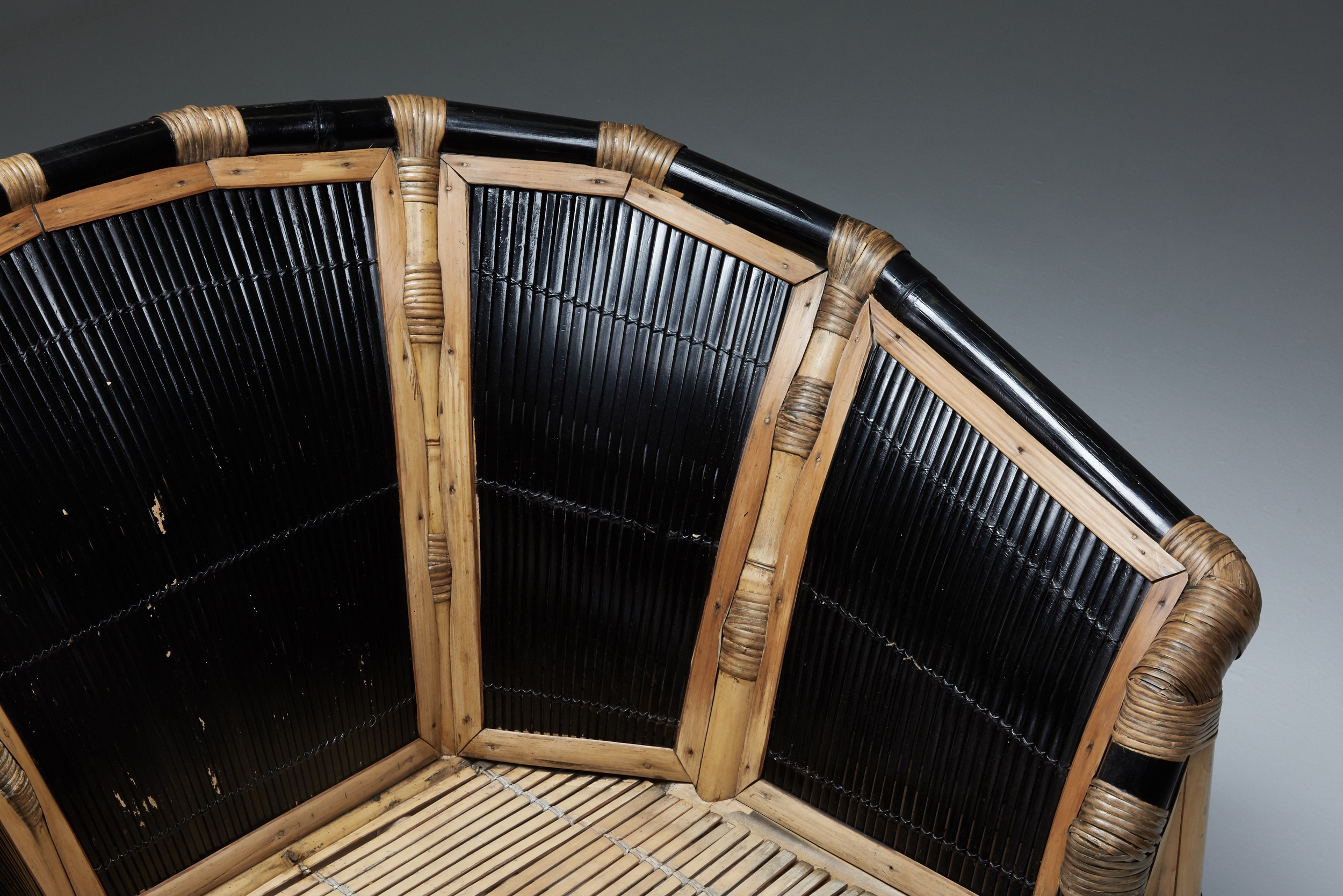 Black and Natural Bamboo and Cane Lounge Chairs, Italy - 1970's