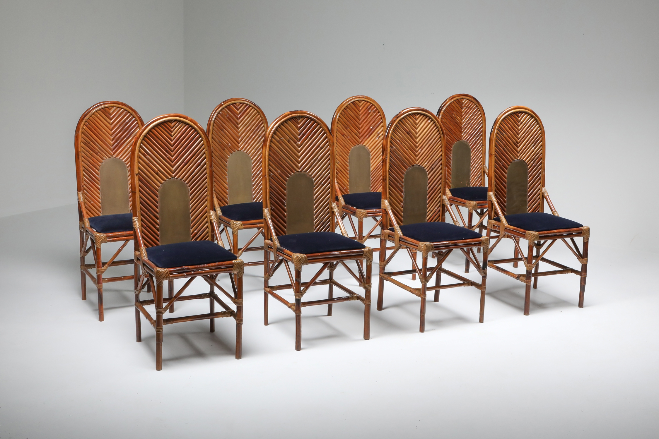 Vivai Del Sud Dining Chairs In Bamboo, Brass & Blue Velvet - 1970s