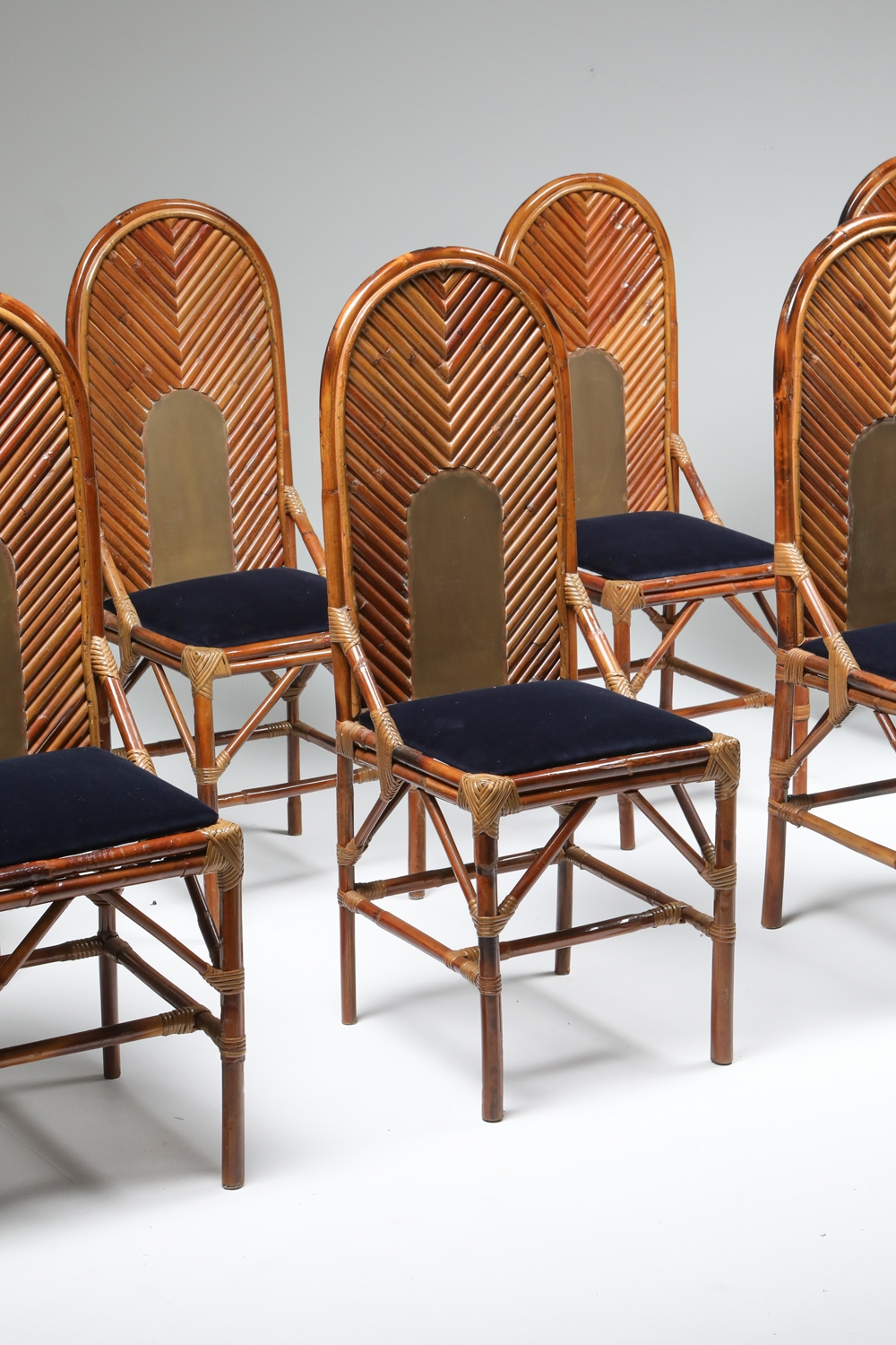 Vivai Del Sud Dining Chairs In Bamboo, Brass & Blue Velvet - 1970s