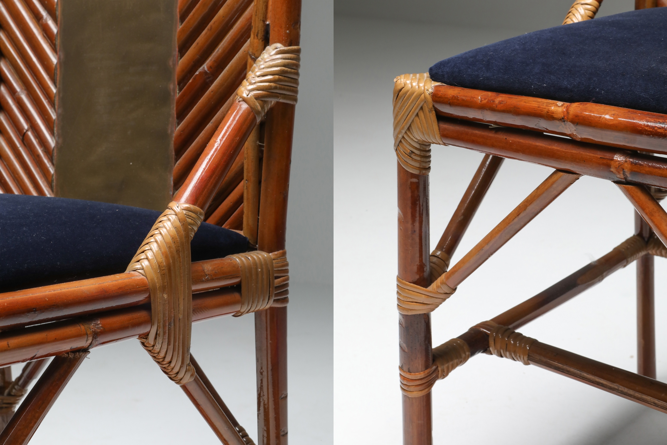 Vivai Del Sud Dining Chairs In Bamboo, Brass & Blue Velvet - 1970s