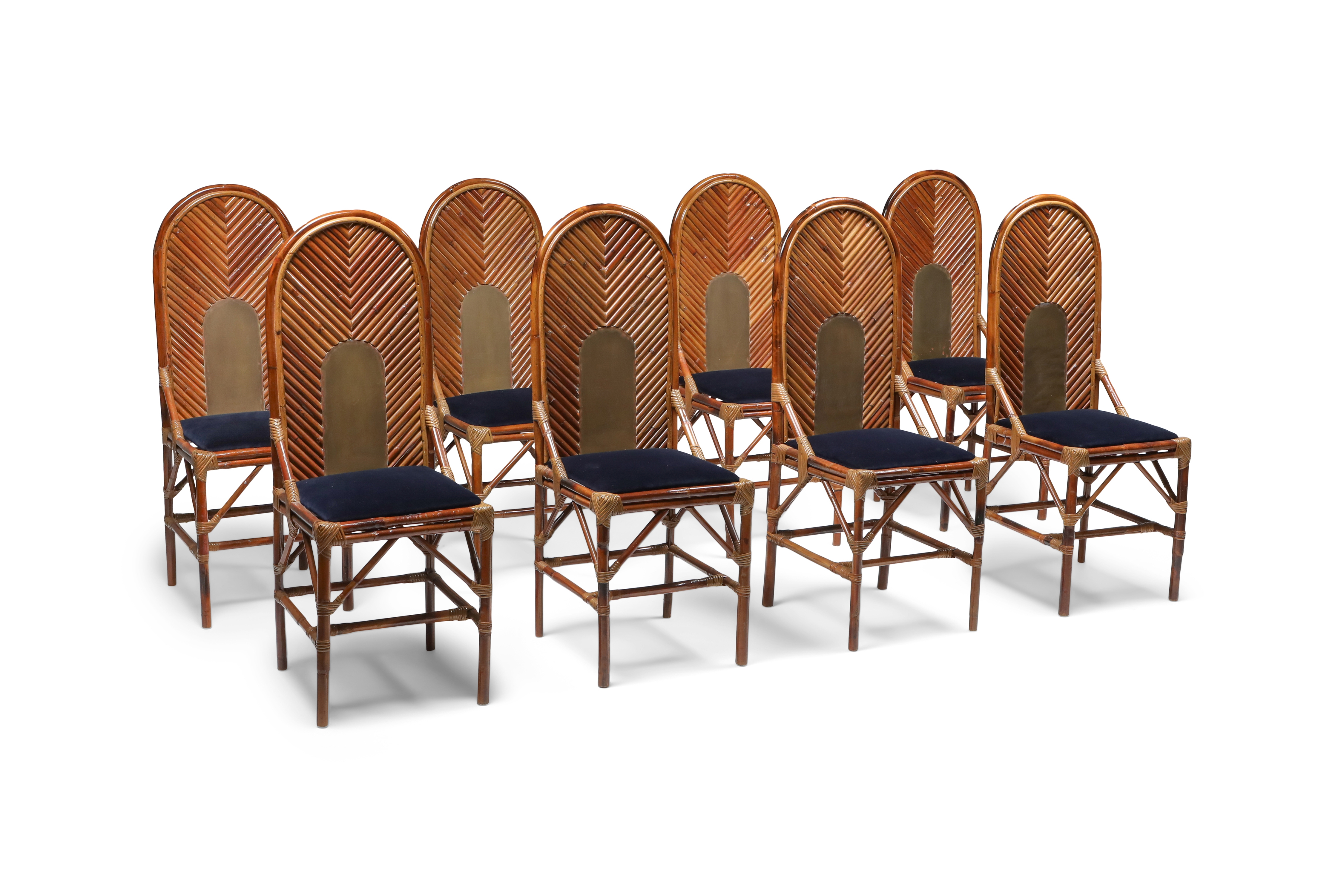 Vivai Del Sud Dining Chairs In Bamboo, Brass & Blue Velvet - 1970s