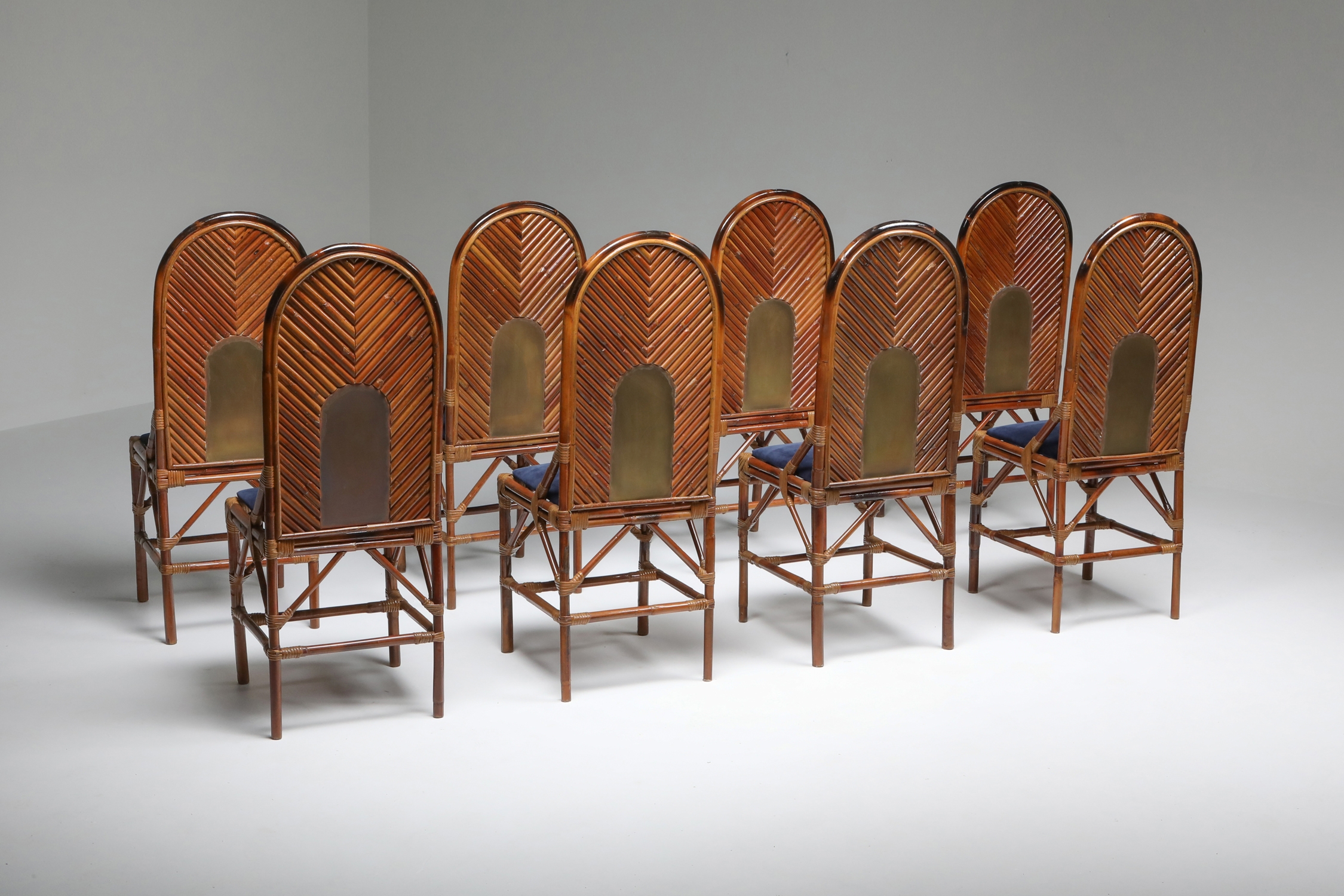 Vivai Del Sud Dining Chairs In Bamboo, Brass & Blue Velvet - 1970s