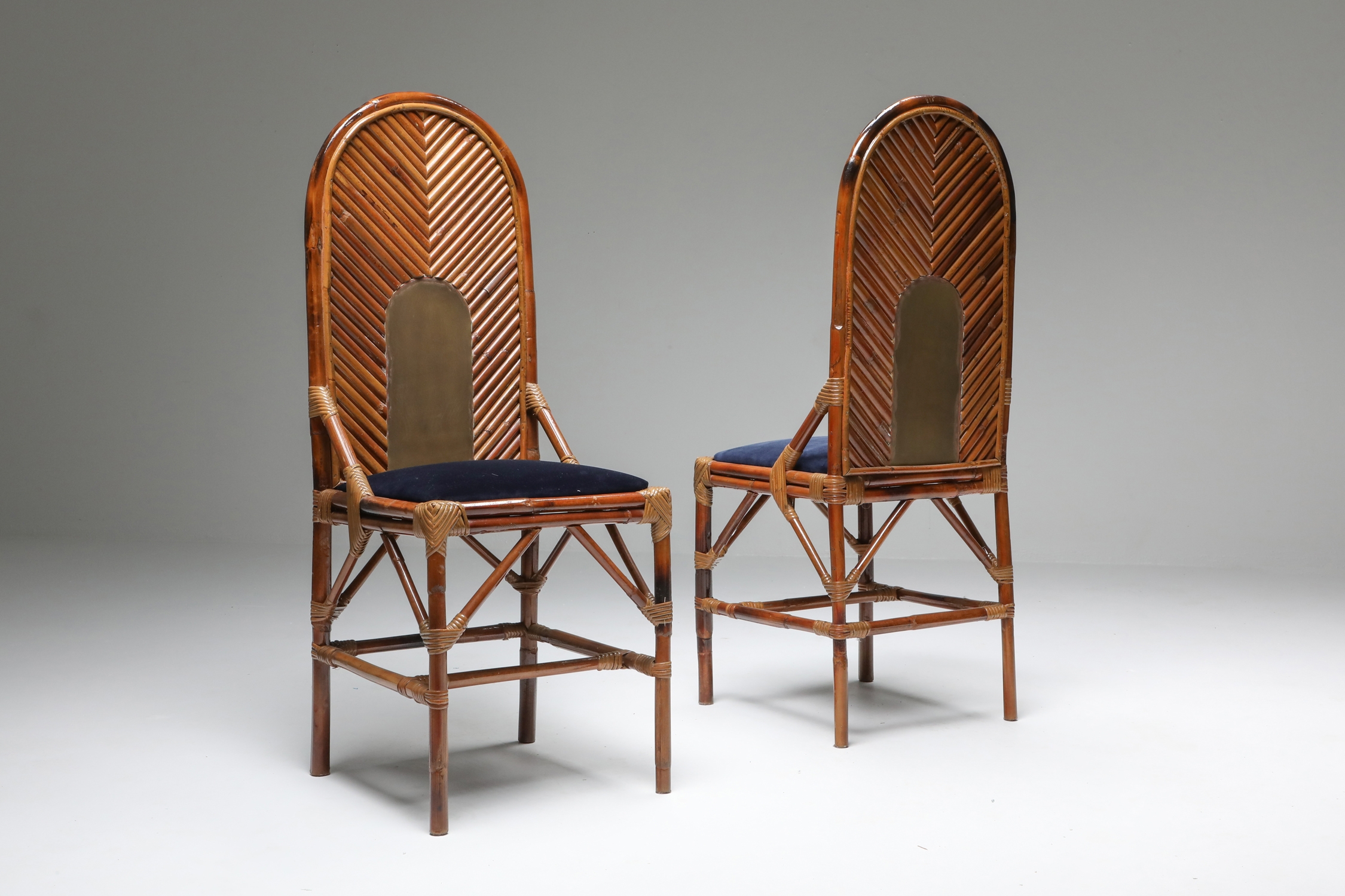 Vivai Del Sud Dining Chairs In Bamboo, Brass & Blue Velvet - 1970s