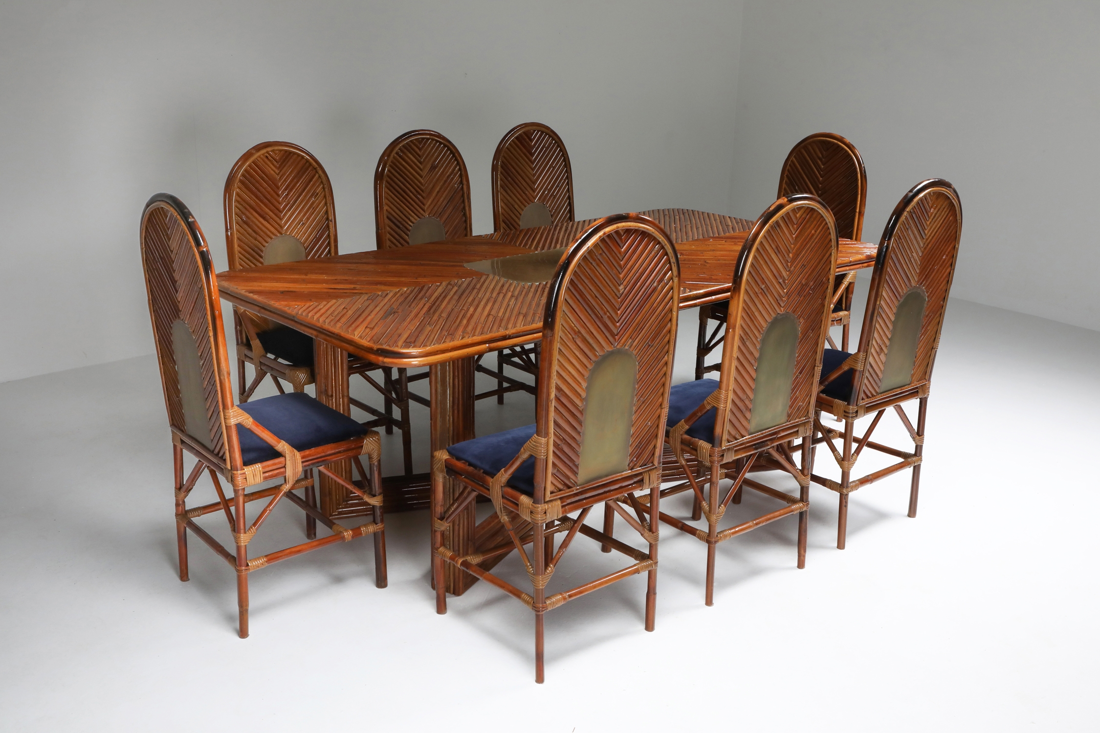 Vivai Del Sud Dining Chairs In Bamboo, Brass & Blue Velvet - 1970s