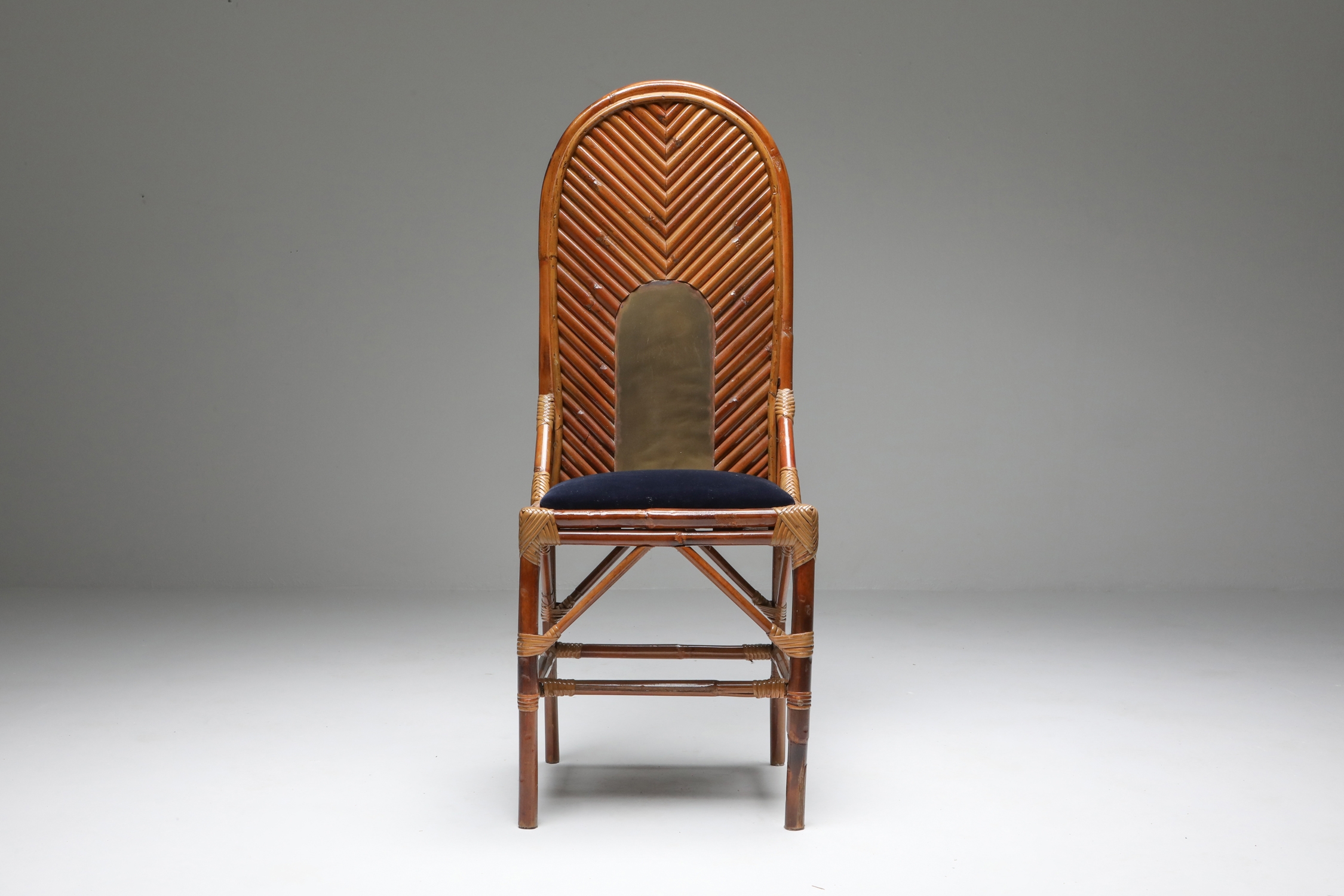 Vivai Del Sud Dining Chairs In Bamboo, Brass & Blue Velvet - 1970s