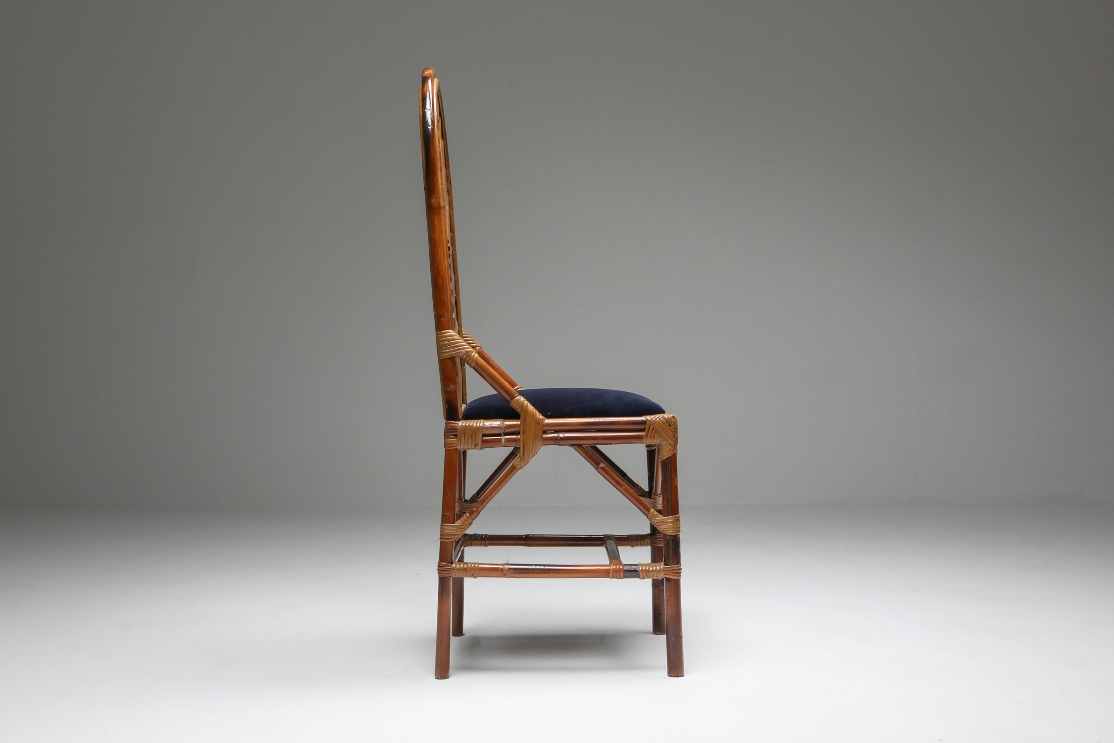 Vivai Del Sud Dining Chairs In Bamboo, Brass & Blue Velvet - 1970s