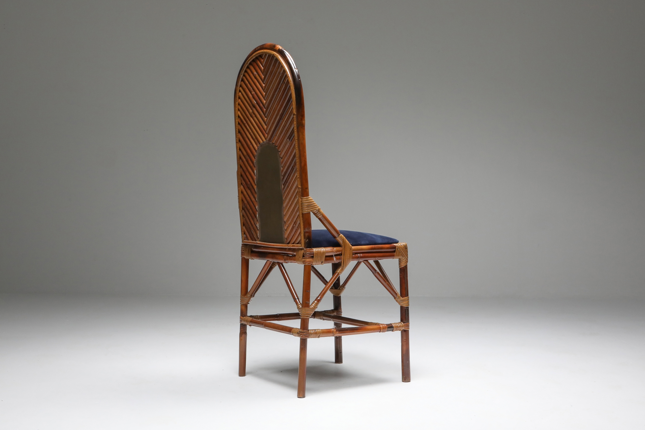 Vivai Del Sud Dining Chairs In Bamboo, Brass & Blue Velvet - 1970s