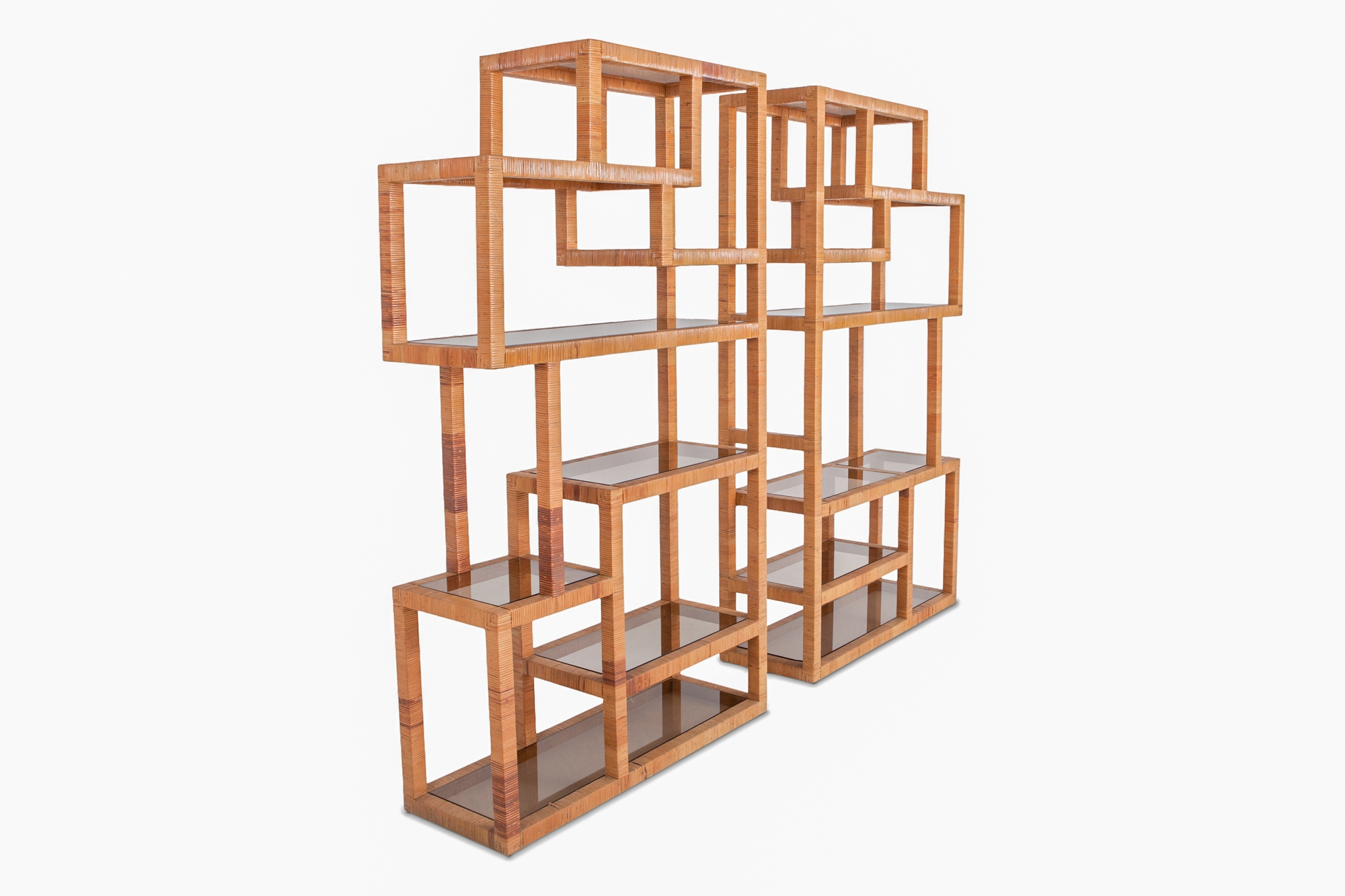 Vivai Del Sud Rattan And Smoked Glass Etagères - 1970s