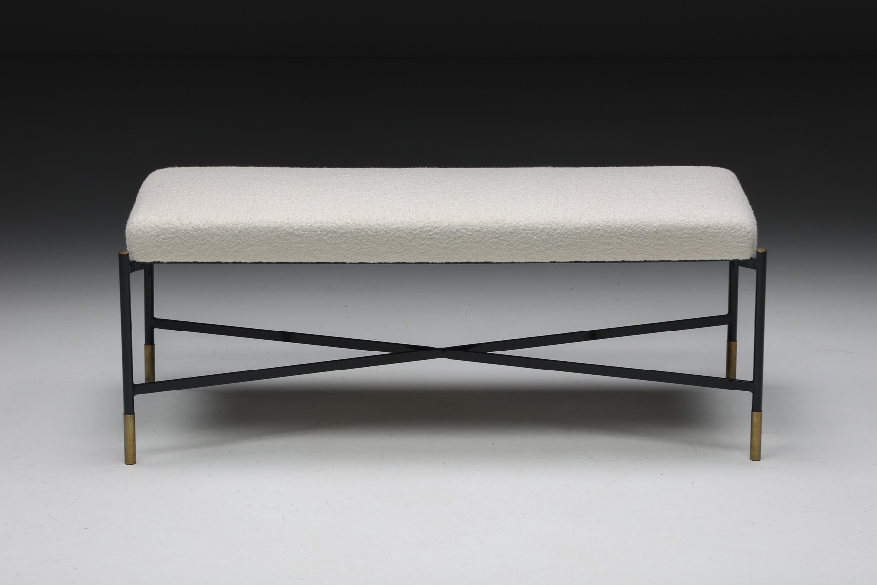 White Bouclé Bench with Metal Base - 1970's