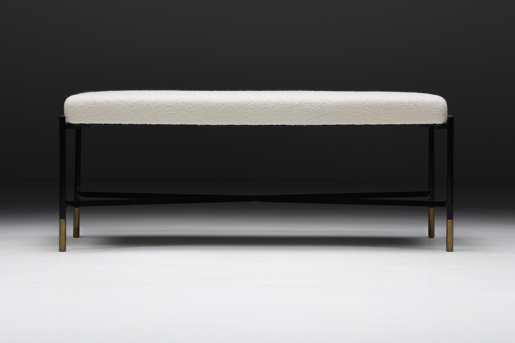 White Bouclé Bench with Metal Base - 1970's