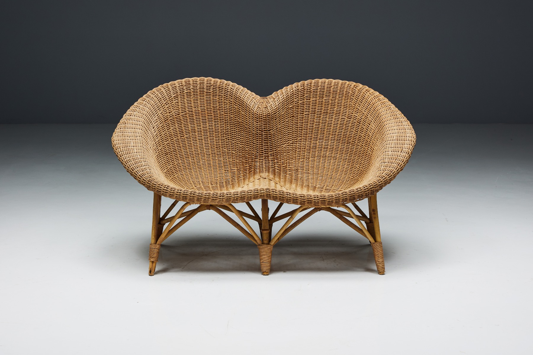 Rustic Wicker and Rattan Loveseat - 1970s