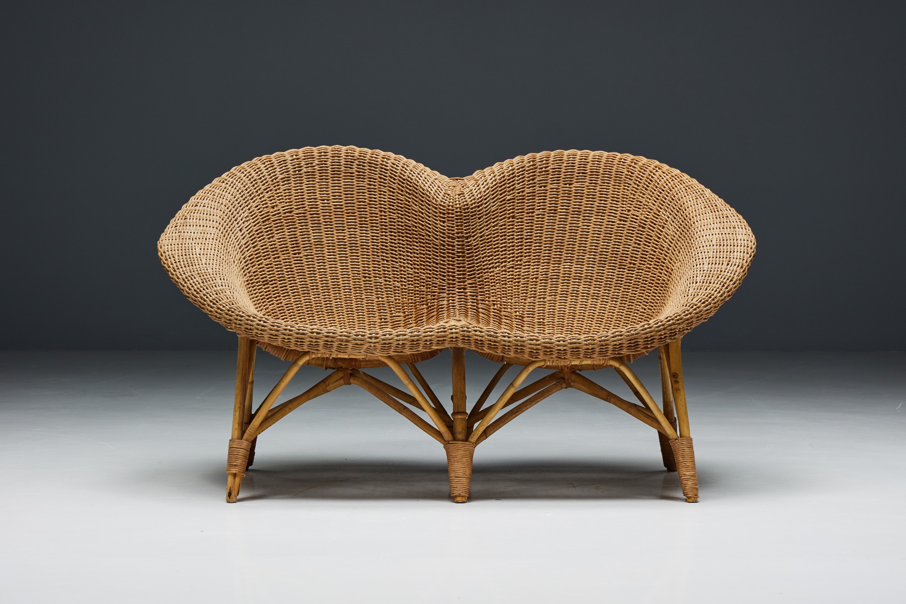 Rustic Wicker and Rattan Loveseat - 1970s