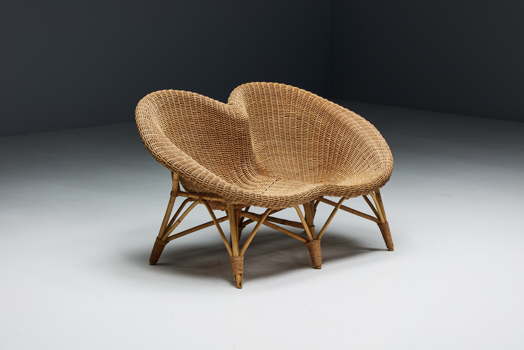 Rustic Wicker and Rattan Loveseat - 1970s