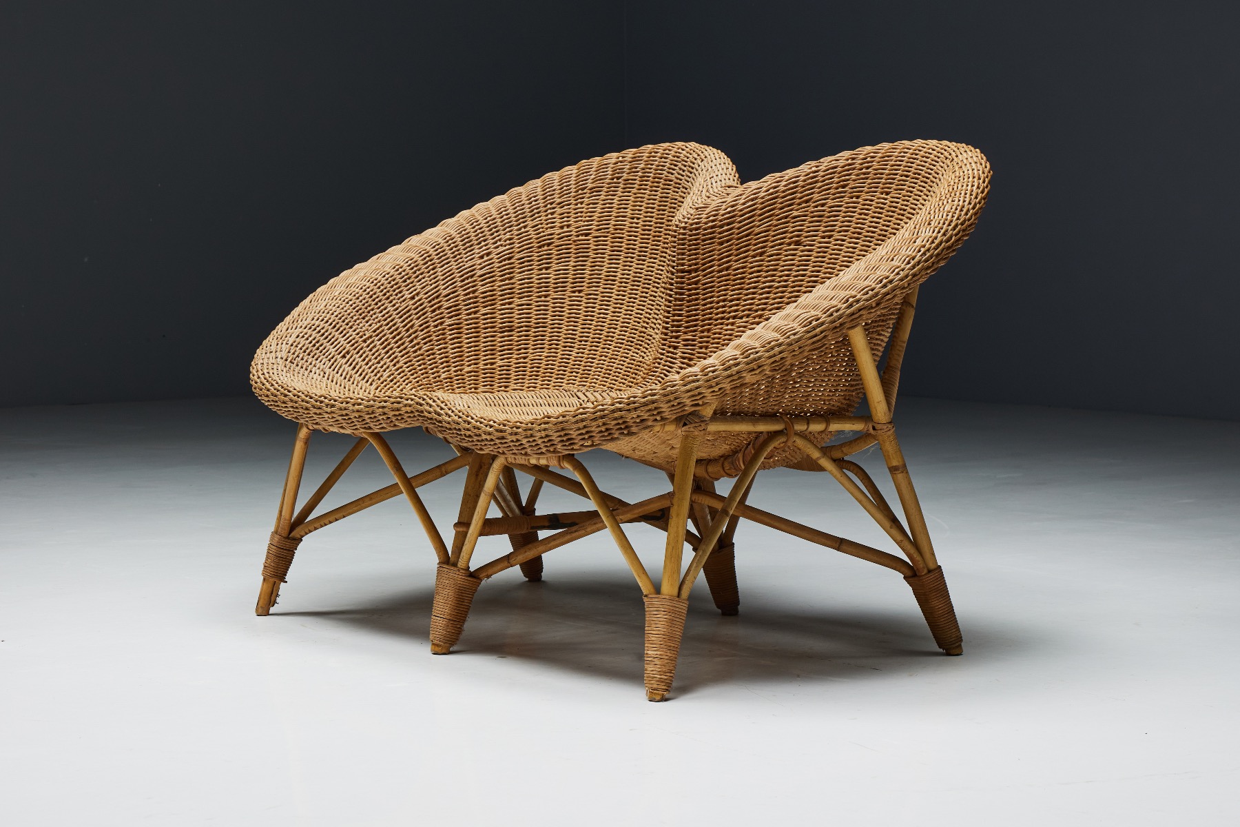 Rustic Wicker and Rattan Loveseat - 1970s