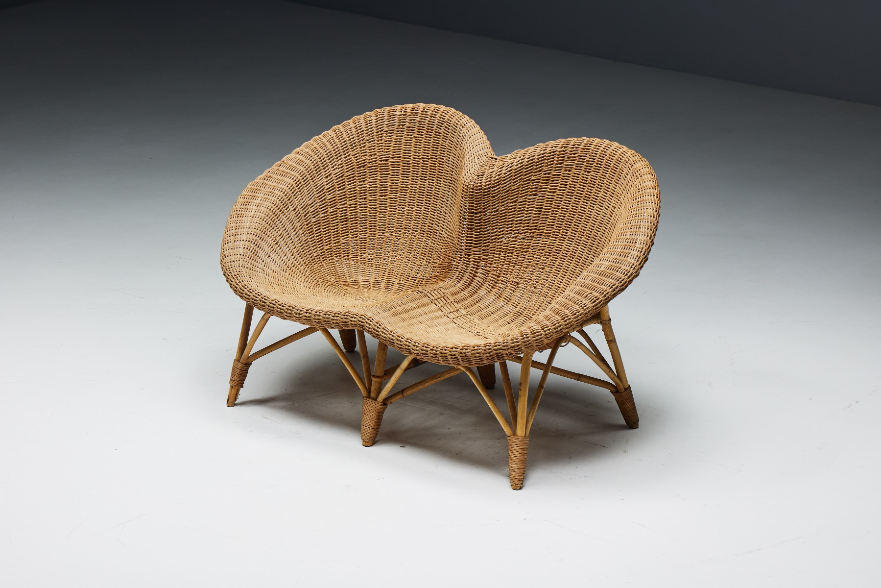 Rustic Wicker and Rattan Loveseat - 1970s