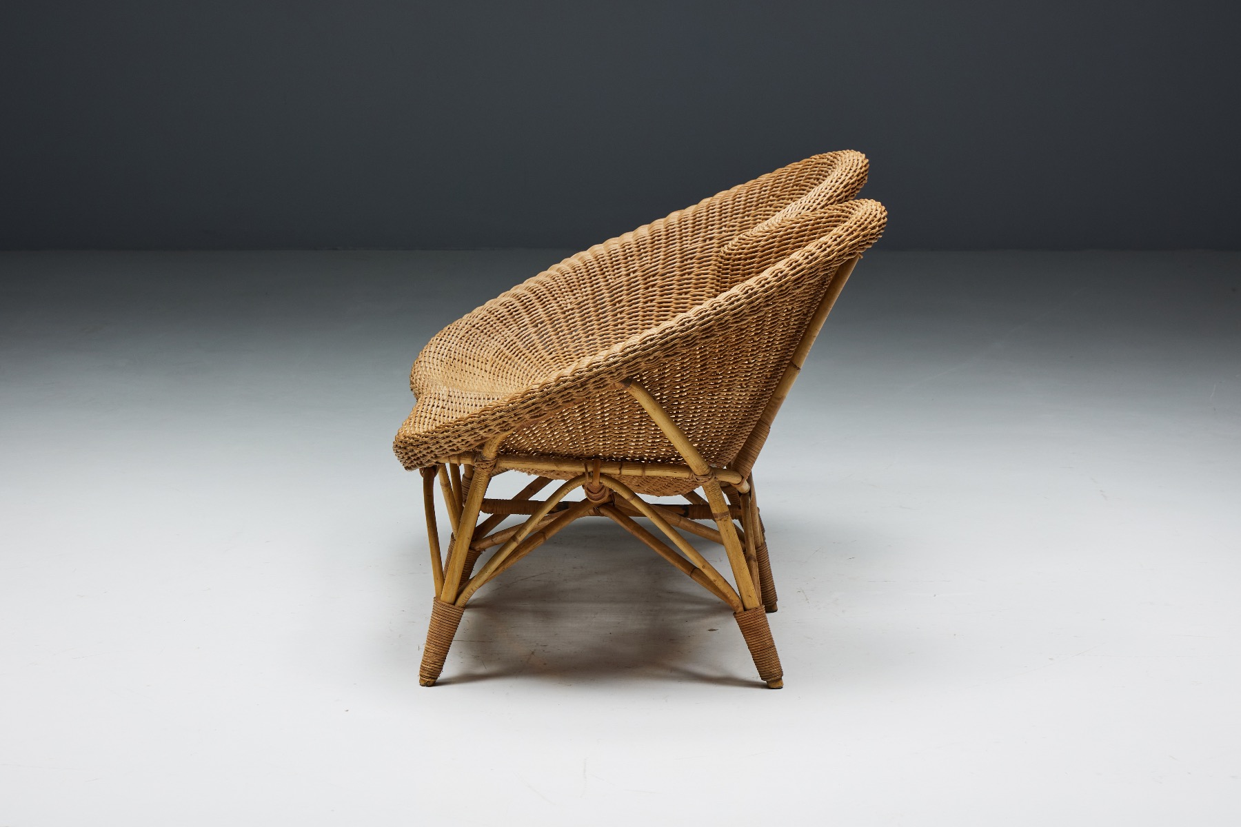 Rustic Wicker and Rattan Loveseat - 1970s