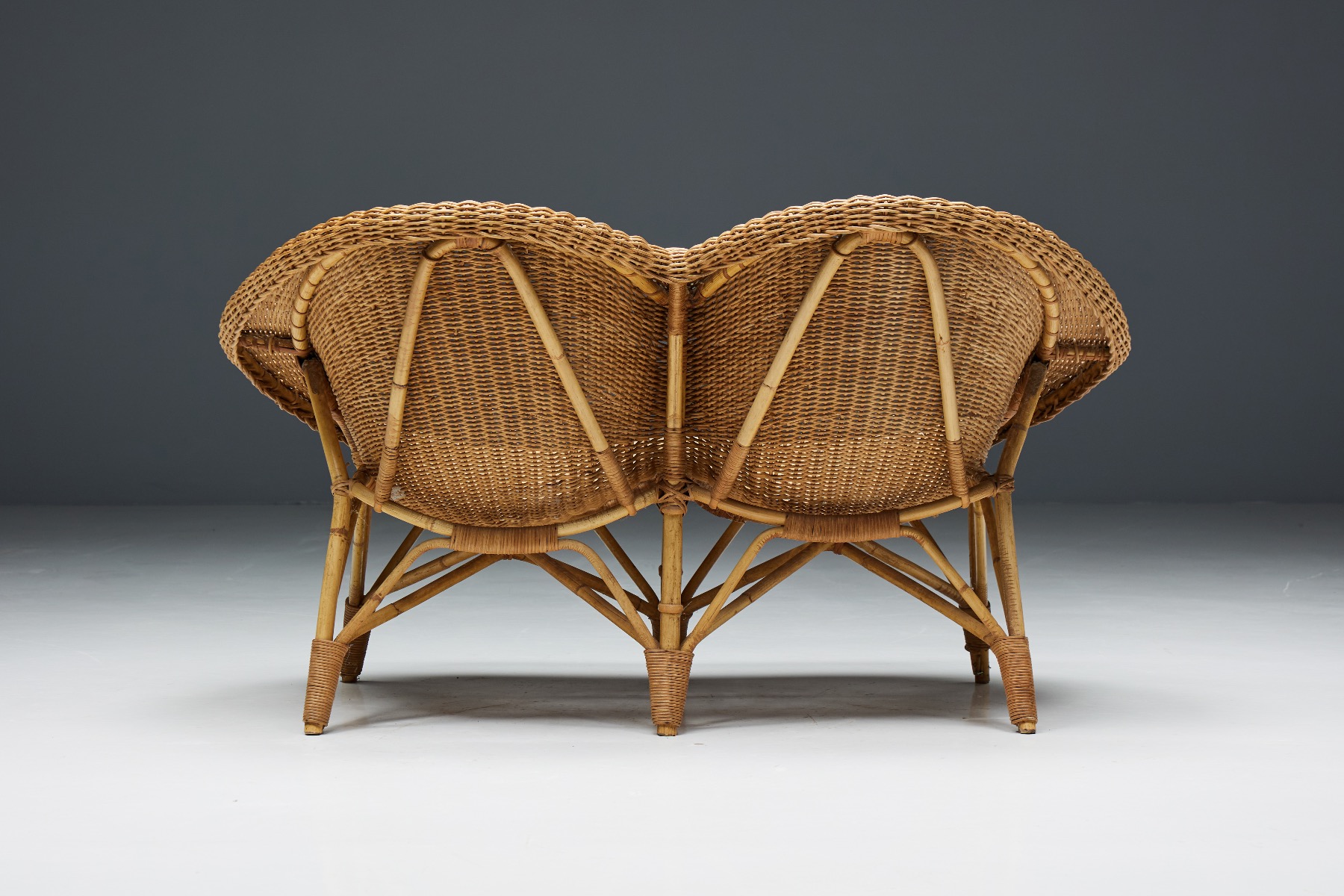 Rustic Wicker and Rattan Loveseat - 1970s