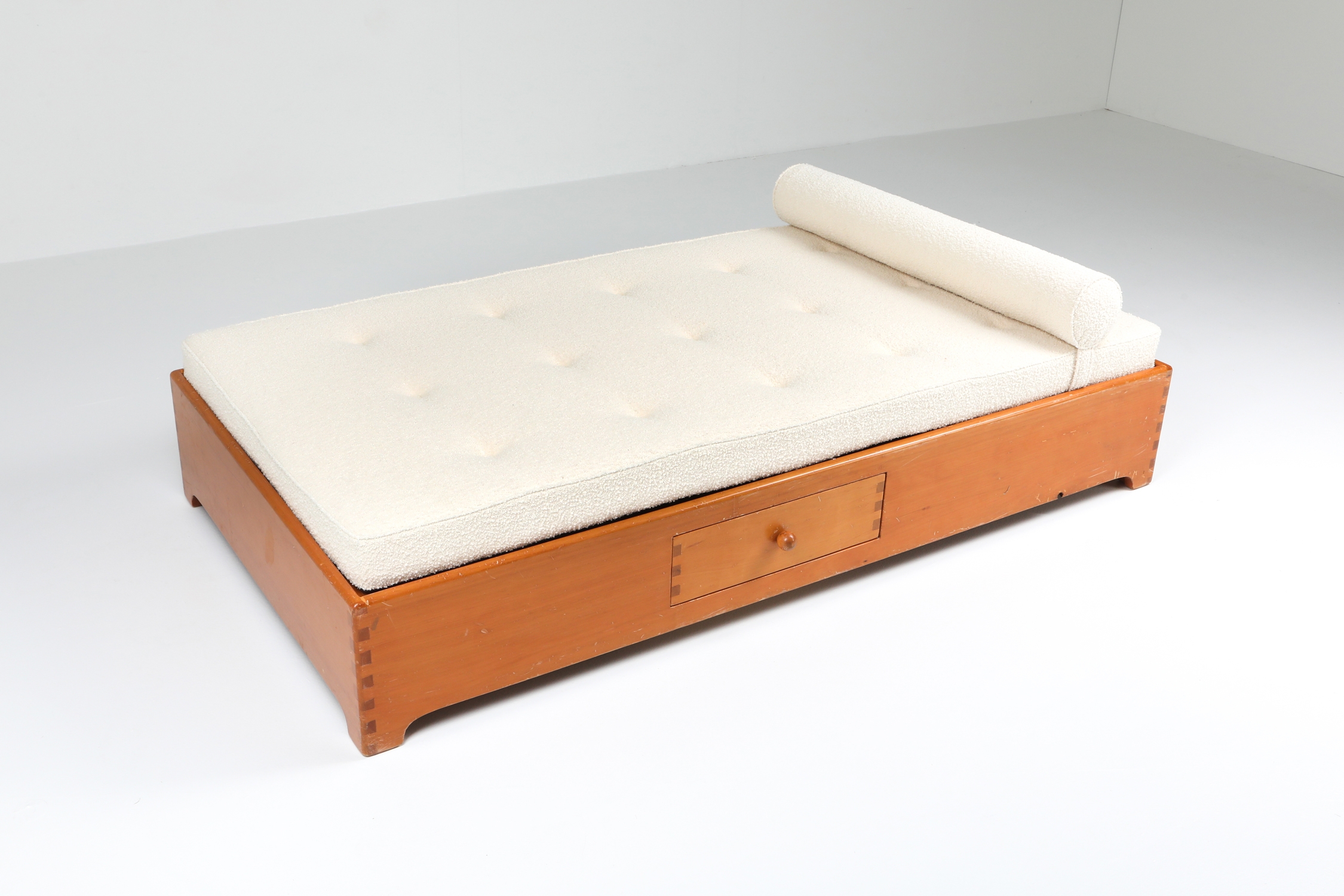 French Elm Daybed in Boucle Wool - 1960's