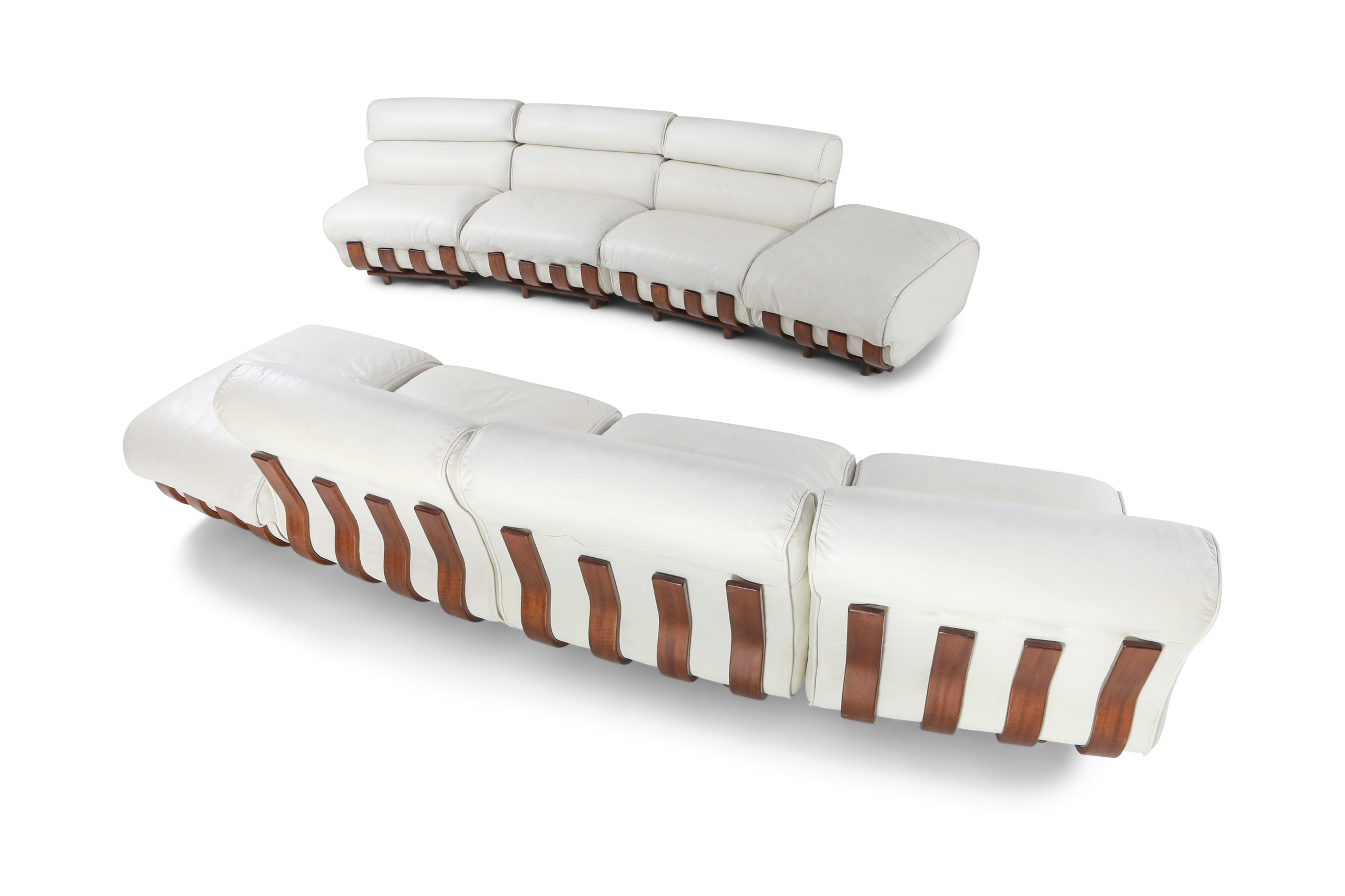 Sectional Sofa in White Leather and Walnut Frame by Frigerio - 1980s