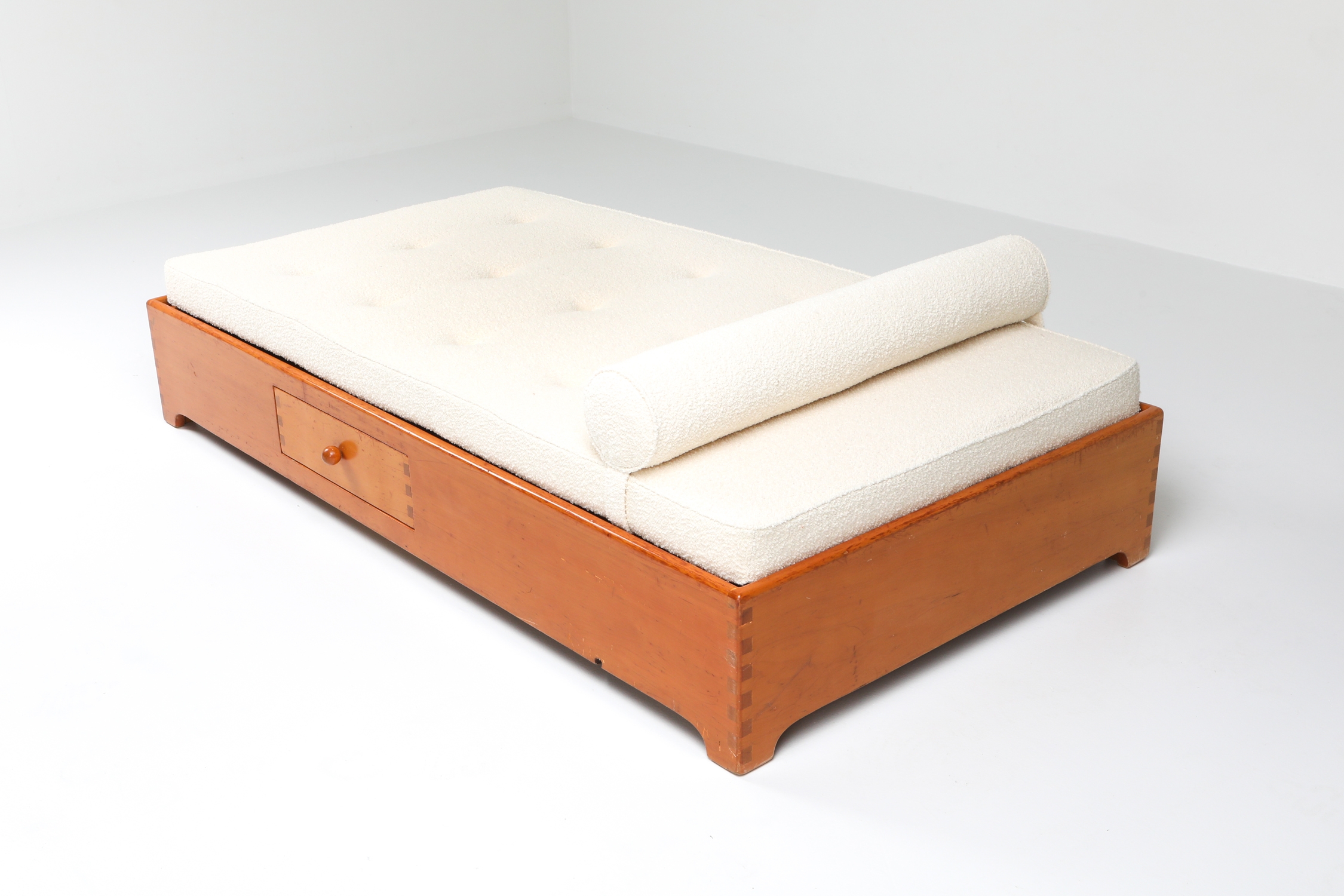 French Elm Daybed in Boucle Wool - 1960's