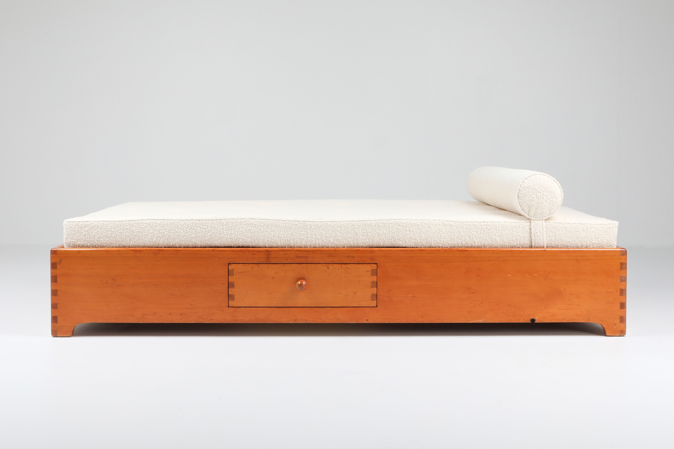 French Elm Daybed in Boucle Wool - 1960's