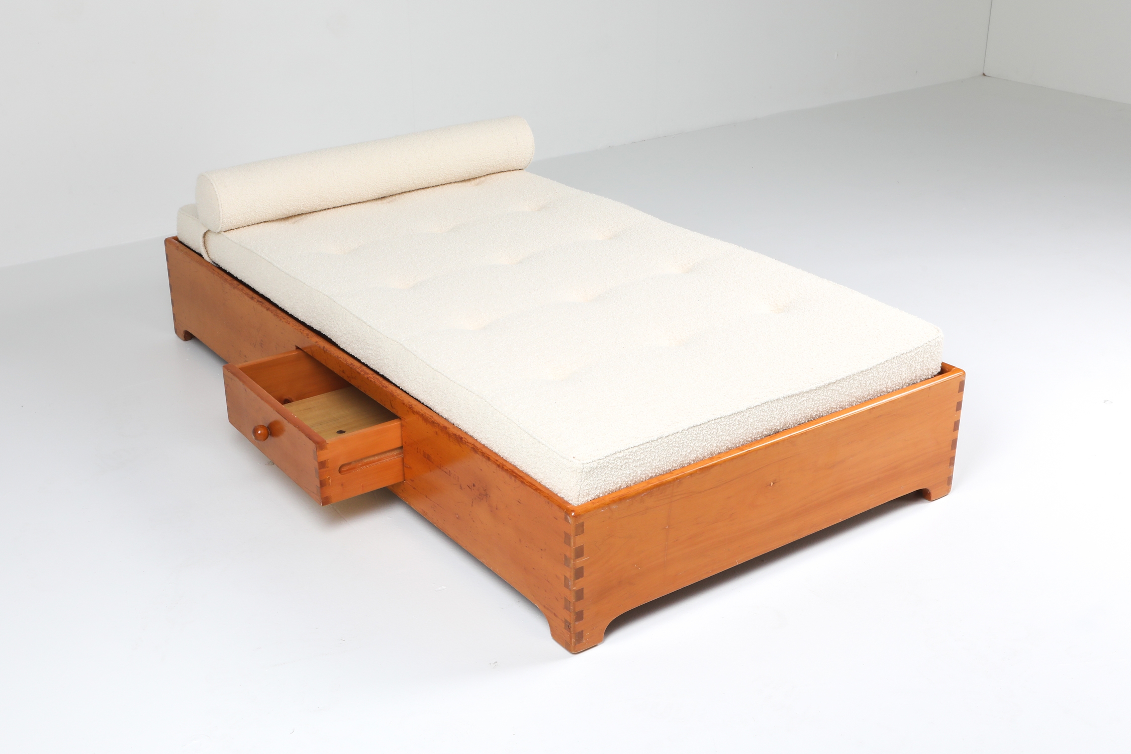 French Elm Daybed in Boucle Wool - 1960's