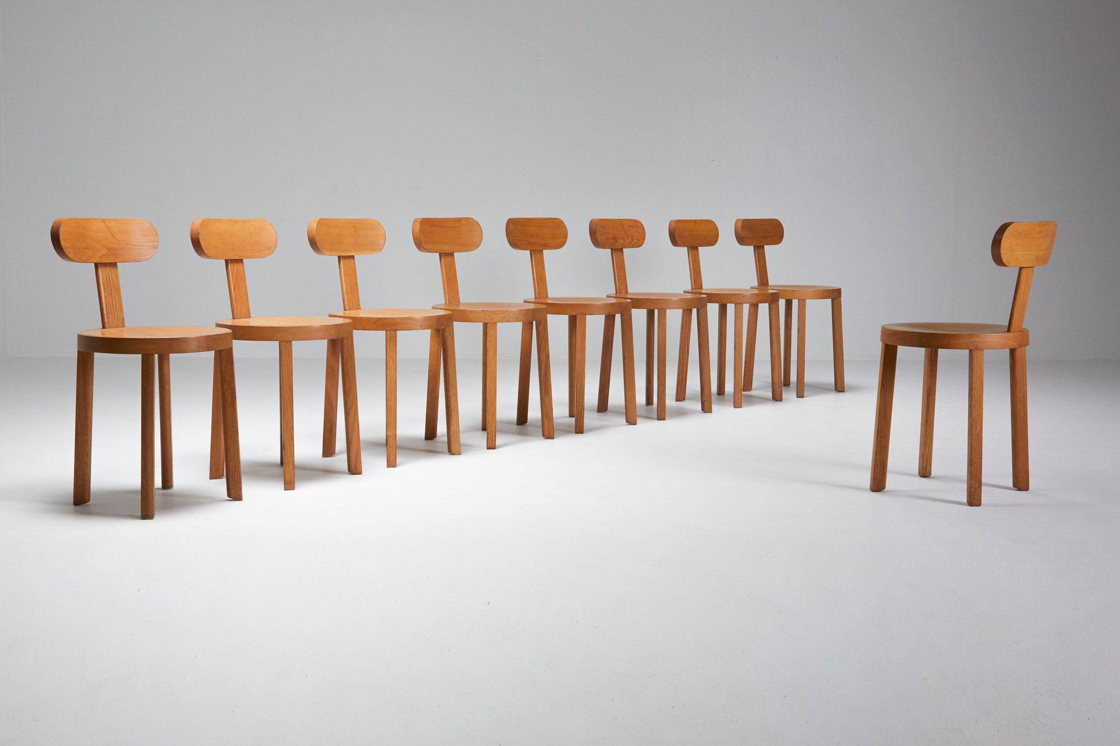 Wooden Italian Minimalist craftsman armchairs set of nine - 1950's