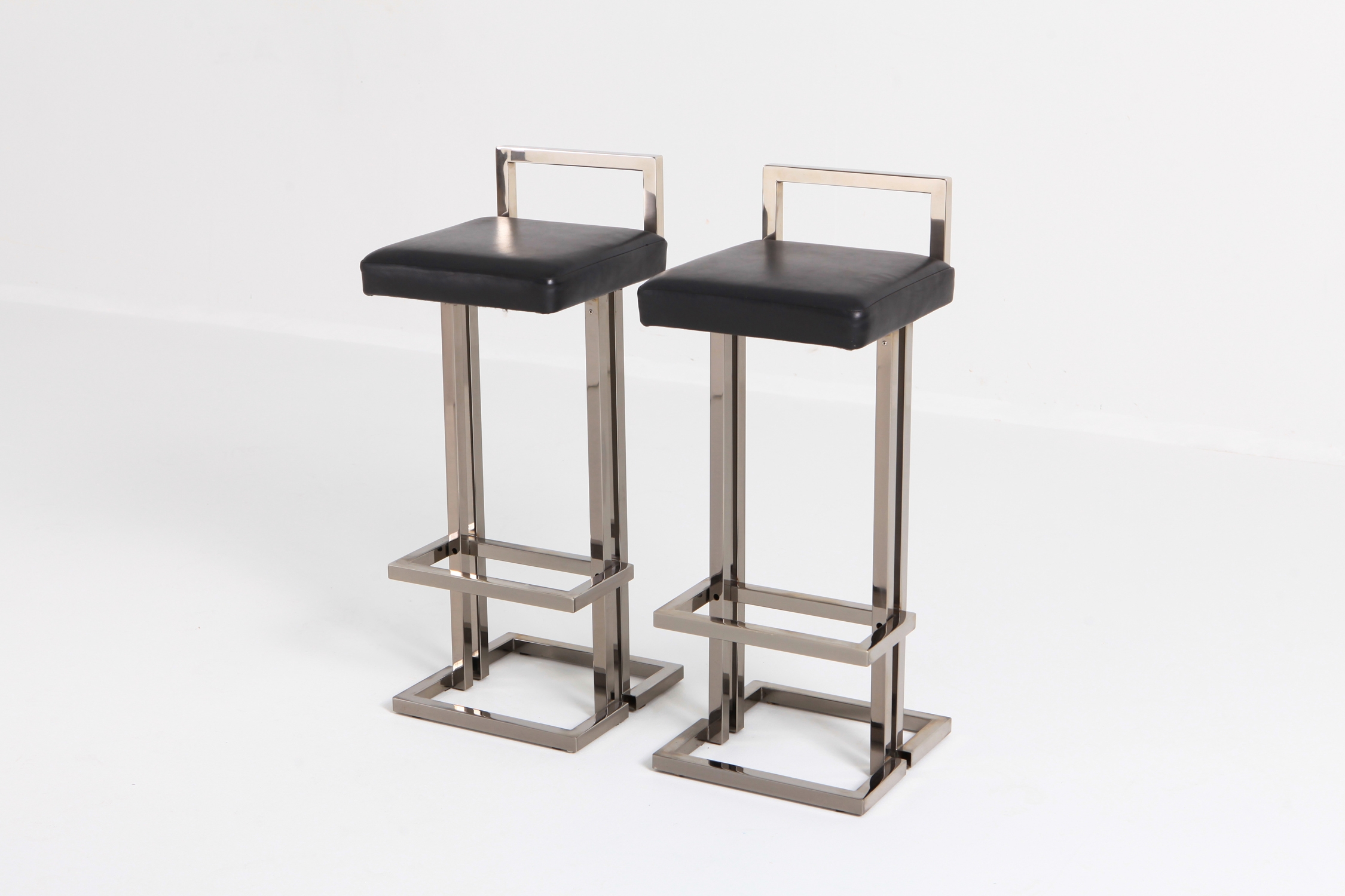 Maison Jansen Chrome and Black Leather Bar Stools - 1970s