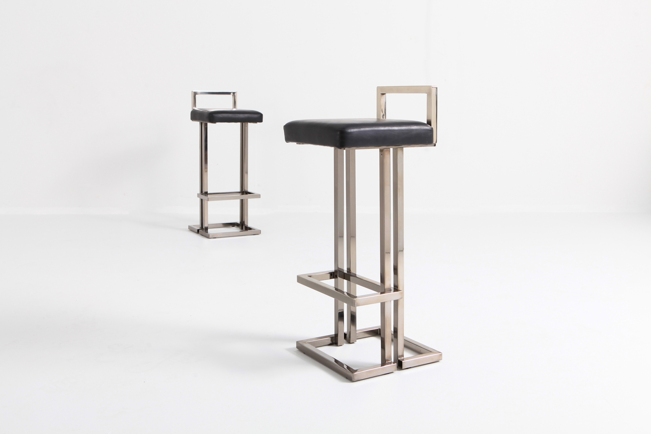 Maison Jansen Chrome and Black Leather Bar Stools - 1970s