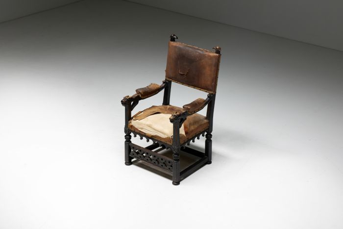 Carved Throne Armchair in Gothic Style - 20th Century