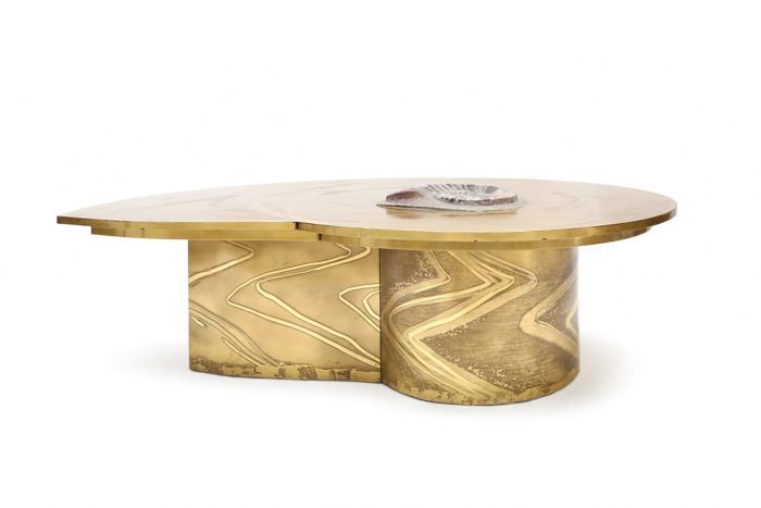 Brass Coffee Table With Inlaid Polished Ammonite, Marc D'haenens - 1970s