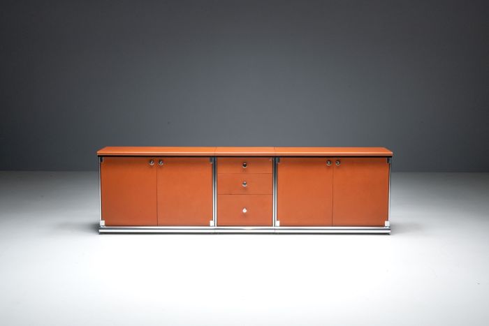 Cognac Leather Sideboard by Guido Faleschini for Mariani - 1970s